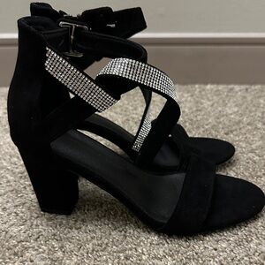 Elegant Black Strappy Heels with Rhinestone Accents